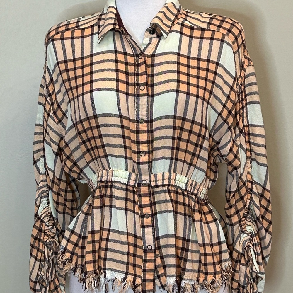 We The Free | Size Small Wool Blend Plaid Distressed Top - Picture 2 of 8